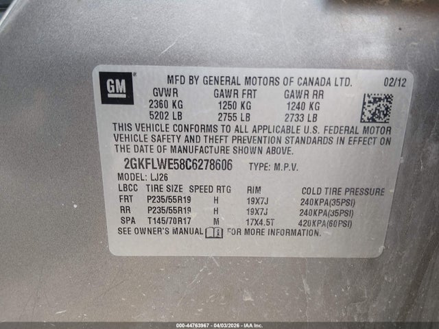 44763967 :رقم المزاد ، 2GKFLWE58C6278606 vin ، 2012 Gmc Terrain Slt-2 مزاد بيع
