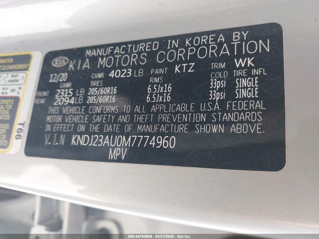 2021 Kia Soul S მანქანა იყიდება აუქციონზე, vin: KNDJ23AU0M7774960, აუქციონის ნომერი: 44763969