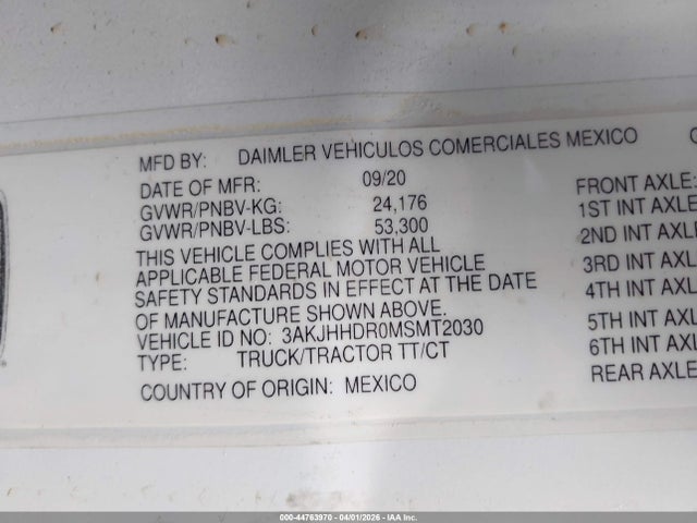 Продаж на аукціоні авто 2021 Freightliner New Cascadia 126, vin: 3AKJHHDR0MSMT2030, номер лоту: 44763970