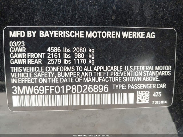 44763972 :رقم المزاد ، 3MW69FF01P8D26896 vin ، 2023 Bmw 330i مزاد بيع