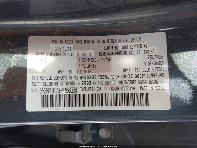 2015 Mazda Mazda3 I Sport მანქანა იყიდება აუქციონზე, vin: 3MZBM1K76FM156334, აუქციონის ნომერი: 44763987
