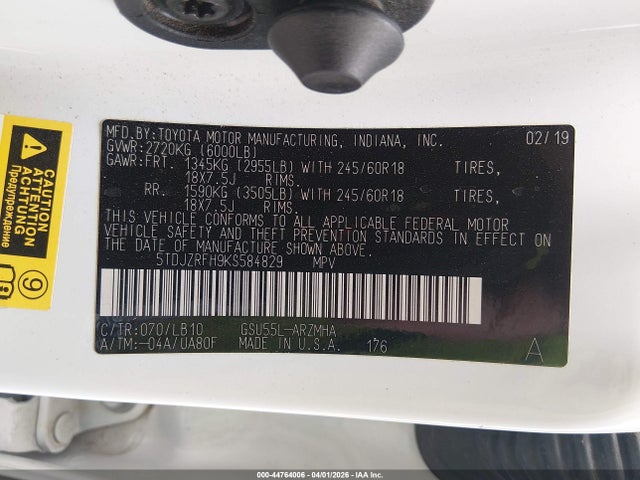 5TDJZRFH9KS584829 Toyota Highlander Xle