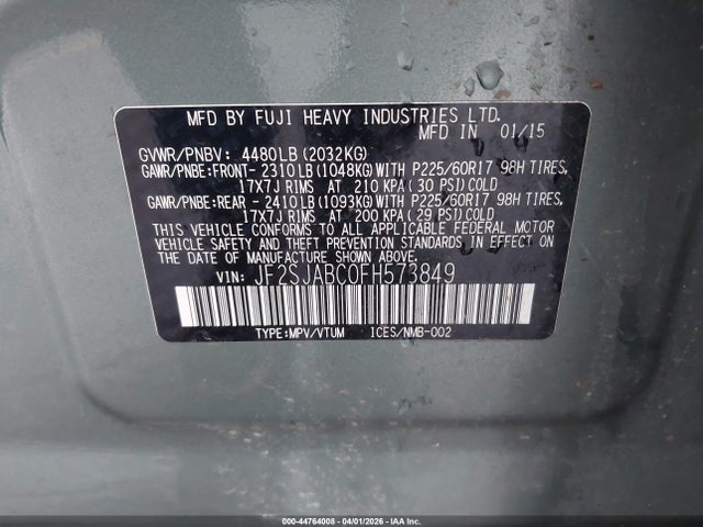 44764008 :رقم المزاد ، JF2SJABC0FH573849 vin ، 2015 Subaru Forester 2.5i مزاد بيع