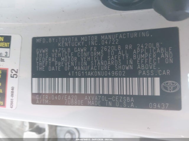Продаж на аукціоні авто 2022 Toyota Camry Se, vin: 4T1G11AK0NU049602, номер лоту: 44764013