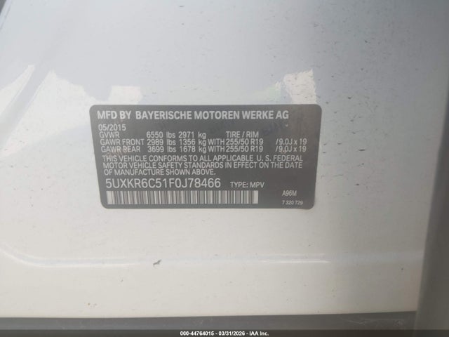 44764015 :رقم المزاد ، 5UXKR6C51F0J78466 vin ، 2015 Bmw X5 Xdrive50i مزاد بيع