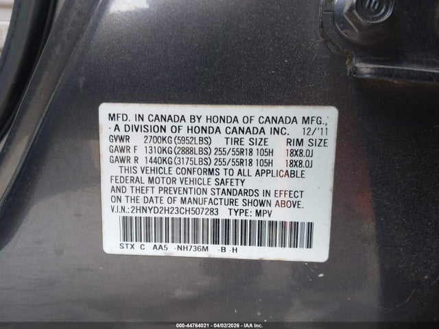 Продаж на аукціоні авто 2012 Acura Mdx, vin: 2HNYD2H23CH507283, номер лоту: 44764021