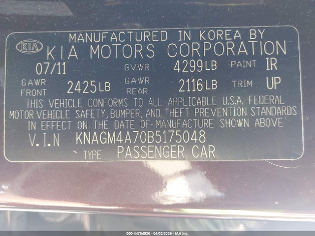 2011 KIA OPTIMA KNAGM4A70B5175048 Photo 8