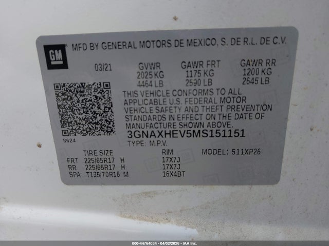 Aukcja sprzedaży 2021 Chevrolet Equinox Fwd Ls, vin: 3GNAXHEV5MS151151, numer aukcji: 44764034