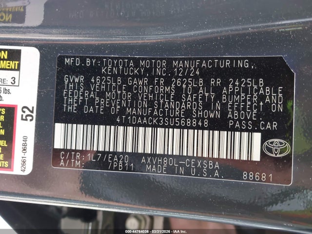 2025 Toyota Camry Se მანქანა იყიდება აუქციონზე, vin: 4T1DAACK3SU568848, აუქციონის ნომერი: 44764036