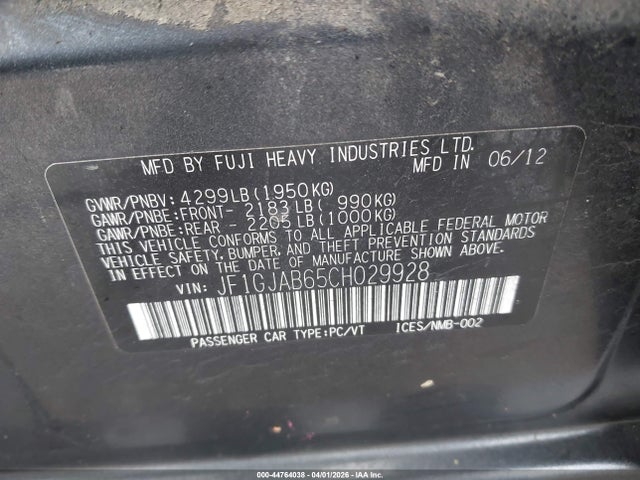44764038 :رقم المزاد ، JF1GJAB65CH029928 vin ، 2012 Subaru Impreza 2.0i Premium مزاد بيع