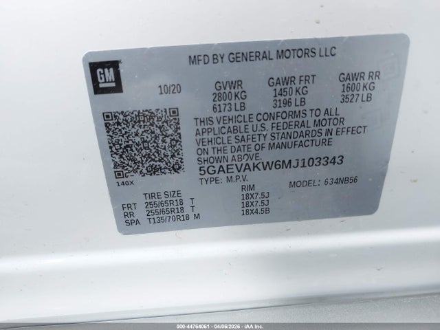 44764061 :رقم المزاد ، 5GAEVAKW6MJ103343 vin ، 2021 Buick Enclave Awd Essence مزاد بيع