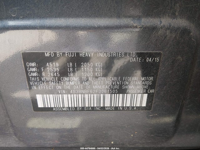 44764068 :رقم المزاد ، 4S3BNBF62F3061505 vin ، 2015 Subaru Legacy 2.5i Premium مزاد بيع