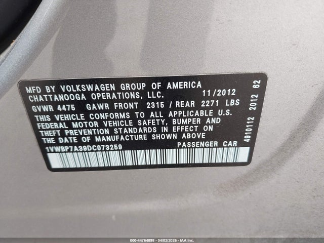 2013 Volkswagen Passat 2.5l Se მანქანა იყიდება აუქციონზე, vin: 1VWBP7A39DC073259, აუქციონის ნომერი: 44764098