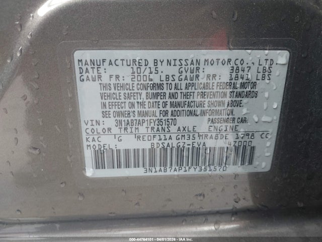 44764101 :رقم المزاد ، 3N1AB7AP1FY351570 vin ، 2015 Nissan Sentra Sl مزاد بيع