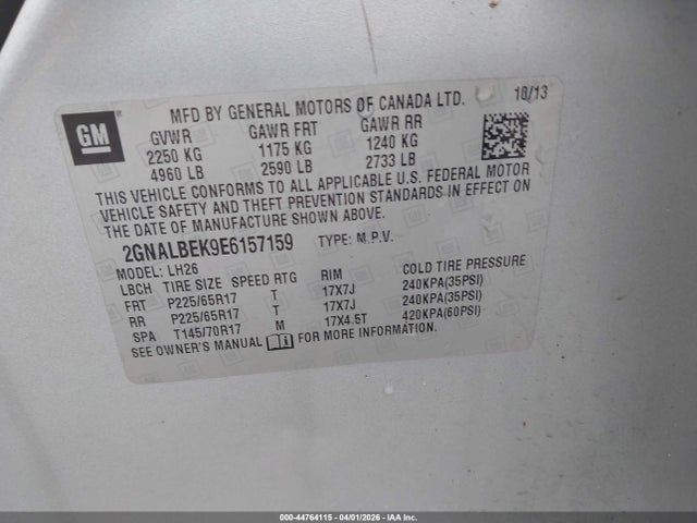 2GNALBEK9E6157159 Chevrolet EQUINOX 1LT