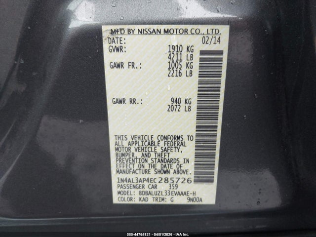 44764121 :رقم المزاد ، 1N4AL3AP4EC285726 vin ، 2014 Nissan Altima 2.5 Sv مزاد بيع
