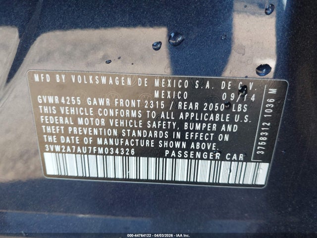 3VW2A7AU7FM034326 Volkswagen Golf Tdi S 4-door