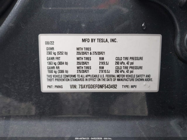 7SAYGDEF0NF543492 Tesla Model Y Performance Dual Motor All-wheel Drive