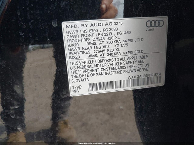 Продажа на аукционе авто 2015 Audi Q7 3.0t Premium, vin: WA1LGAFE9FD018364, номер лота: 44764124