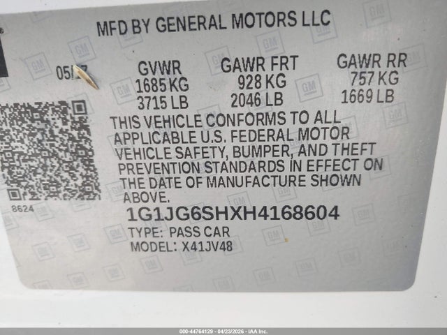 Продажа на аукционе авто 2017 Chevrolet Sonic Lt Auto, vin: 1G1JG6SHXH4168604, номер лота: 44764129