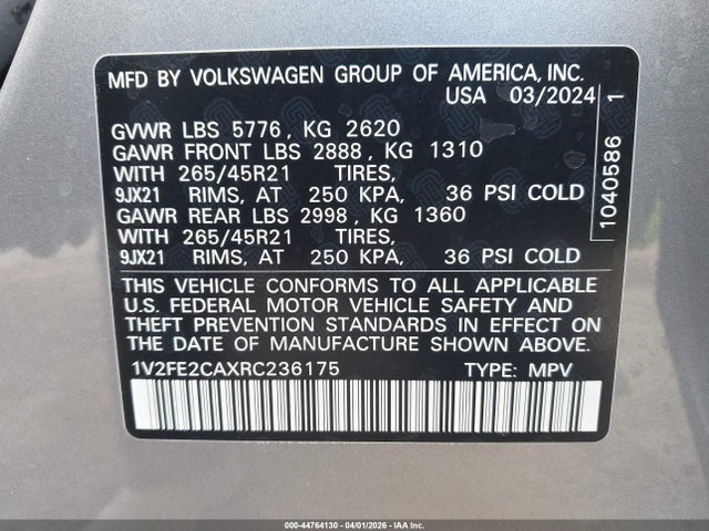 Продаж на аукціоні авто 2024 Volkswagen Atlas Cross Sport 2.0t Sel Premium R-line, vin: 1V2FE2CAXRC236175, номер лоту: 44764130