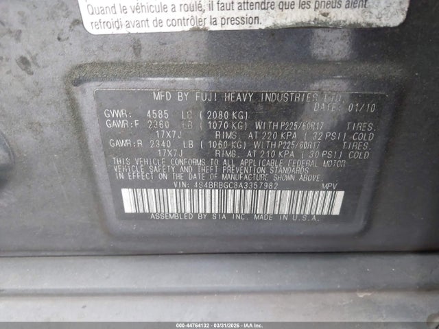 Продаж на аукціоні авто 2010 Subaru Outback 2.5i Premium, vin: 4S4BRBGC8A3357982, номер лоту: 44764132