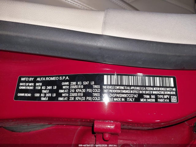 Продажа на аукционе авто 2019 Alfa Romeo Stelvio Ti Lusso Awd, vin: ZASPAKBN6K7C57147, номер лота: 44764137