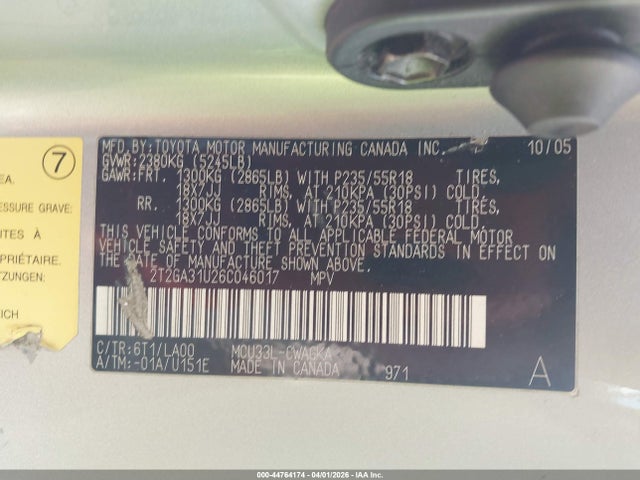 44764174 :رقم المزاد ، 2T2GA31U26C046017 vin ، 2006 Lexus Rx 330 مزاد بيع