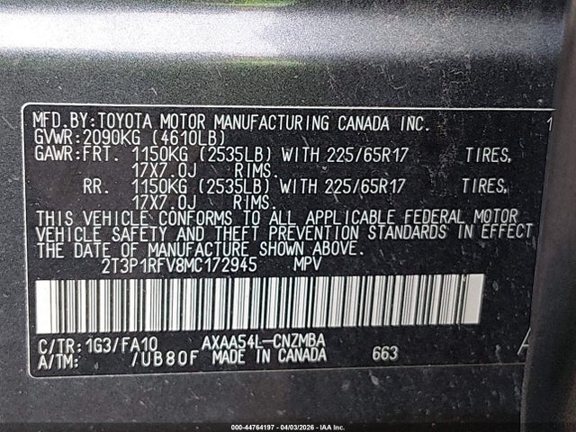 Продаж на аукціоні авто 2021 Toyota Rav4 Xle, vin: 2T3P1RFV8MC172945, номер лоту: 44764197