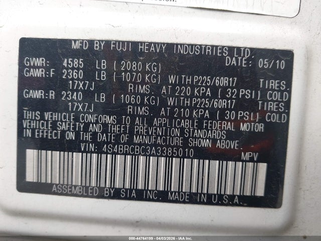 44764199 :رقم المزاد ، 4S4BRCBC3A3385010 vin ، 2010 Subaru Outback 2.5i Premium مزاد بيع