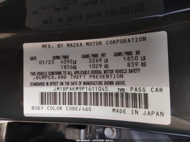 Продажа на аукционе авто 2023 Mazda Mazda3 2.5 S Select, vin: JM1BPAKM9P1611045, номер лота: 44764207