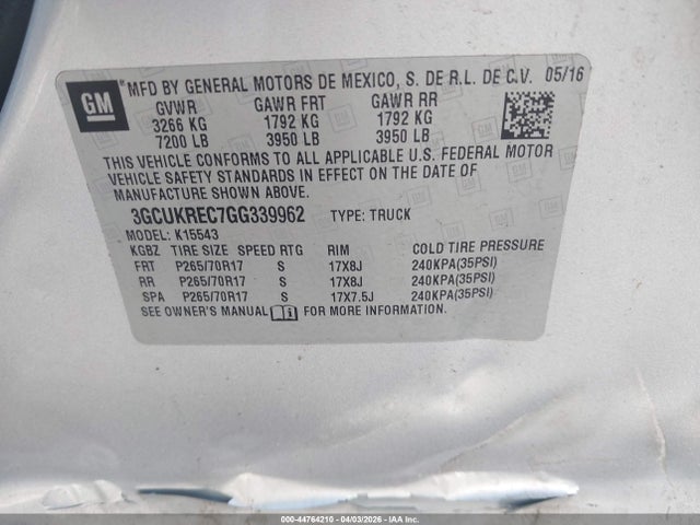 3GCUKREC7GG339962 Chevrolet Silverado 1500 1lt