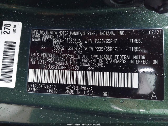5TDJSKFCXMS034459 Toyota SIENNA XLE