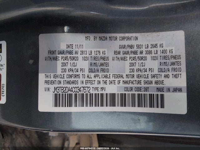 2012 Mazda Cx-9 Grand Touring მანქანა იყიდება აუქციონზე, vin: JM3TB2DA4C0347672, აუქციონის ნომერი: 44764215