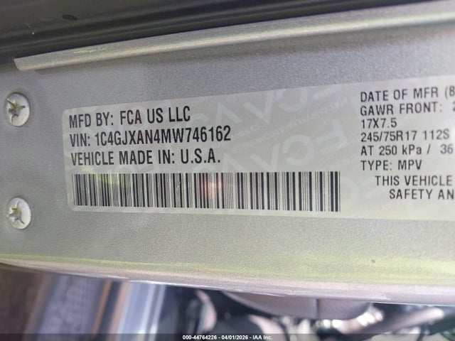 44764226 :رقم المزاد ، 1C4GJXAN4MW746162 vin ، 2021 Jeep Wrangler Sport 4x4 مزاد بيع