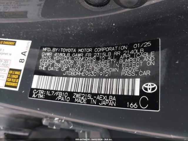 Aukcja sprzedaży 2025 Toyota Corolla Hybrid Le, vin: JTDBDMHE9S3019121, numer aukcji: 44764235