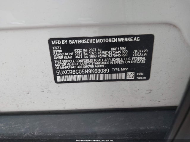2022 Bmw X5 Xdrive40i მანქანა იყიდება აუქციონზე, vin: 5UXCR6C05N9K68089, აუქციონის ნომერი: 44764240