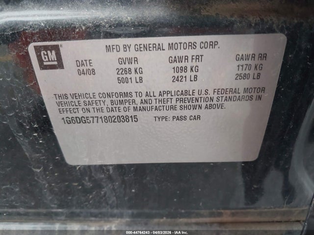 44764243 :رقم المزاد ، 1G6DG577180203815 vin ، 2008 Cadillac Cts Standard مزاد بيع