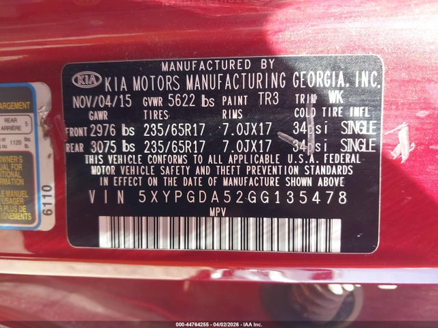 KIA Sorento 3.3l Lx 2016 5XYPGDA52GG135478 Image 9