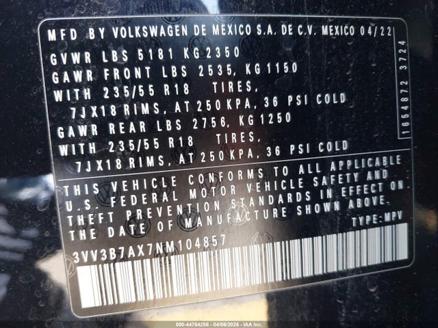 2022 Volkswagen Tiguan 2.0t Se მანქანა იყიდება აუქციონზე, vin: 3VV3B7AX7NM104857, აუქციონის ნომერი: 44764256