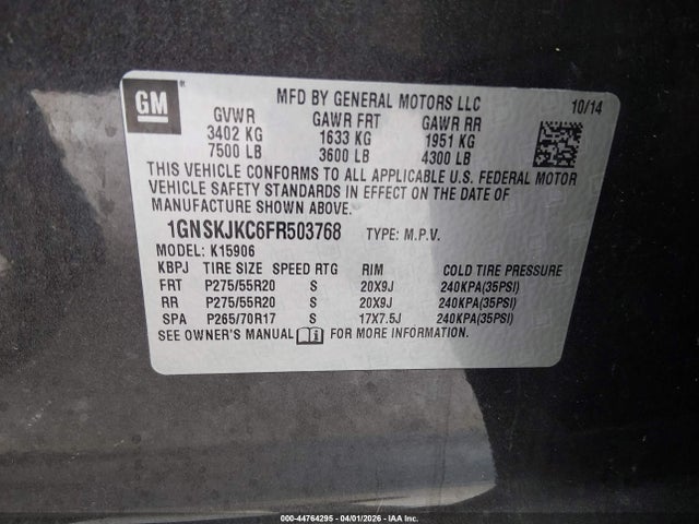 Продажа на аукционе авто 2015 Chevrolet Suburban 1500 Lt, vin: 1GNSKJKC6FR503768, номер лота: 44764295