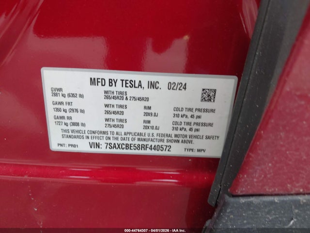 44764307 :رقم المزاد ، 7SAXCBE58RF440572 vin ، 2024 Tesla Model X Long Range مزاد بيع
