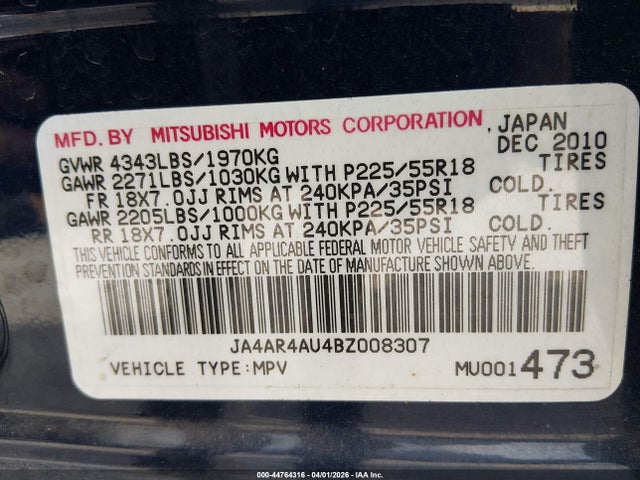 2011 Mitsubishi Outlander Sport Se მანქანა იყიდება აუქციონზე, vin: JA4AR4AU4BZ008307, აუქციონის ნომერი: 44764316