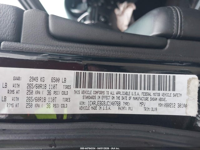 Aukcja sprzedaży 2018 Jeep Grand Cherokee Limited 4x2, vin: 1C4RJEBG9JC140768, numer aukcji: 44764334