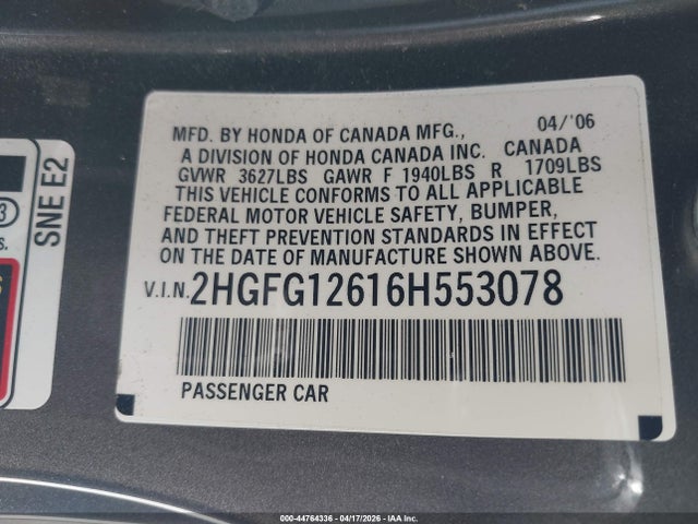 Продаж на аукціоні авто 2006 Honda Civic Lx, vin: 2HGFG12616H553078, номер лоту: 44764336
