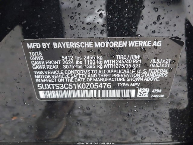 Aukcja sprzedaży 2019 Bmw X3 M40i, vin: 5UXTS3C51K0Z05476, numer aukcji: 44764339