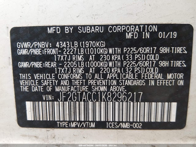 Aukcja sprzedaży 2019 Subaru Crosstrek 2.0i Premium, vin: JF2GTACC1K8296217, numer aukcji: 44764344