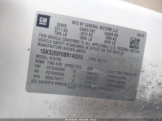 44764355 :رقم المزاد ، 1GKS2EEF6BR140280 vin ، 2011 Gmc Yukon Denali مزاد بيع