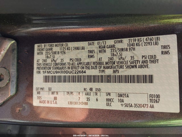 Aukcja sprzedaży 2013 Ford Escape Sel, vin: 1FMCU9HX0DUC22684, numer aukcji: 44764361
