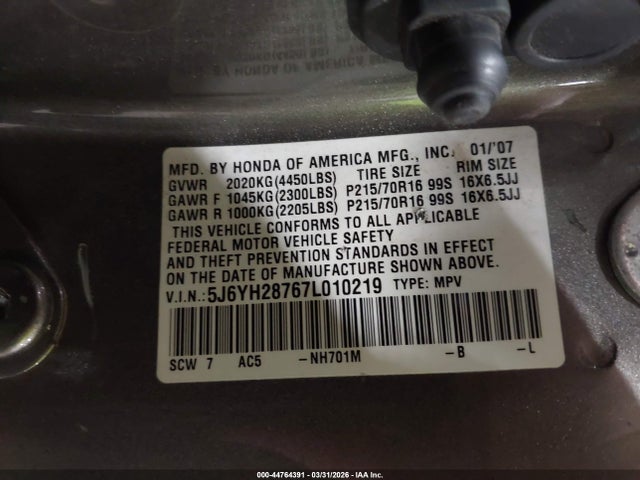 2007 HONDA ELEMENT 5J6YH28767L010219 Photo 8